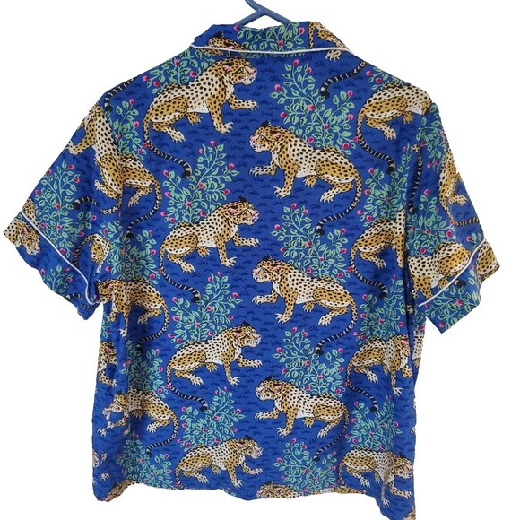 Print Fresh Pajama Top Sz M Bagheera Sapphire Leopard Button Sleep Shirt Lounge - Picture 2 of 13